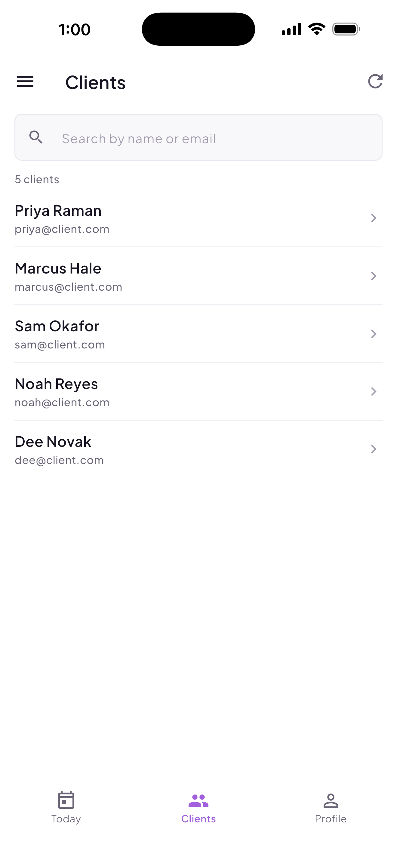 TrackHQ trainer dashboard — client list with relationship details