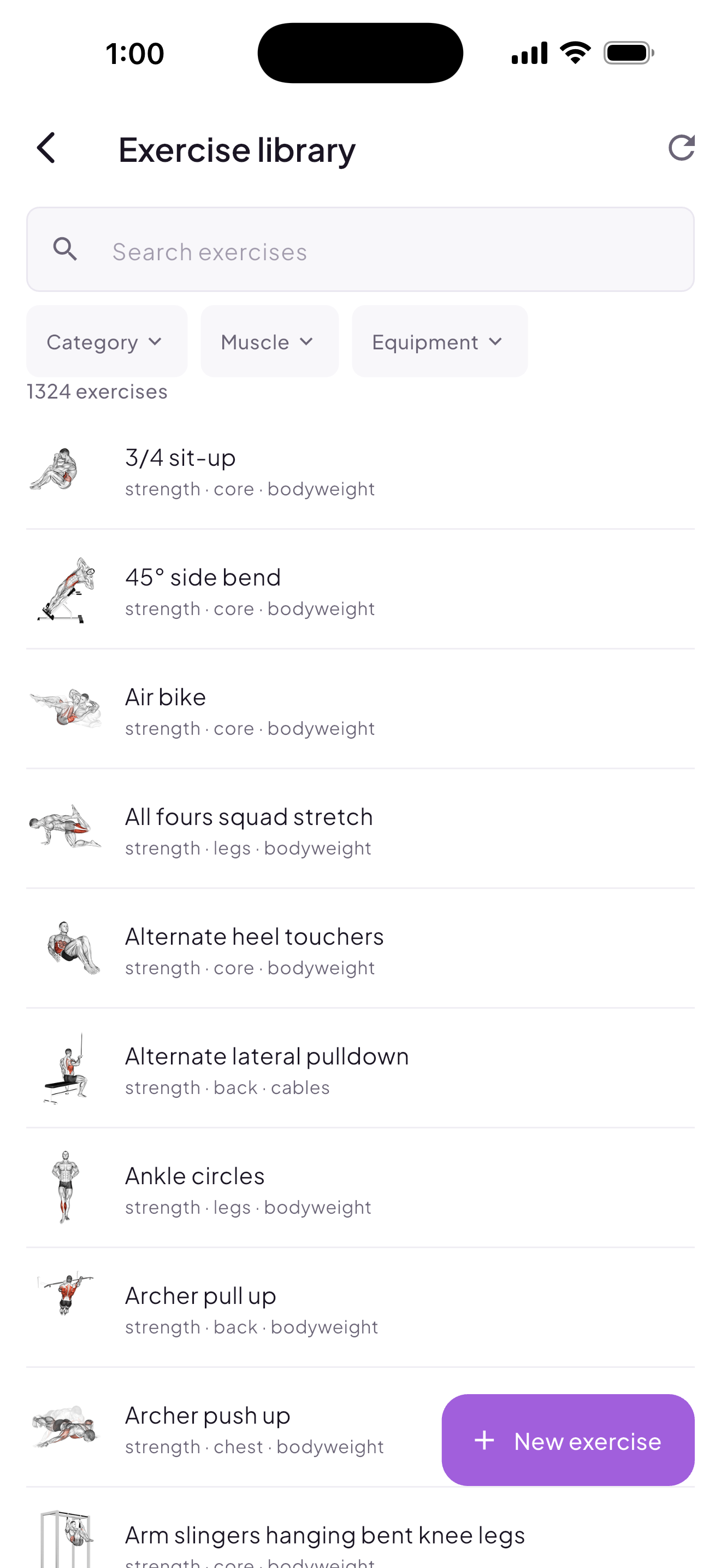 TrackHQ exercise library — searchable, filterable, 1300+ exercises