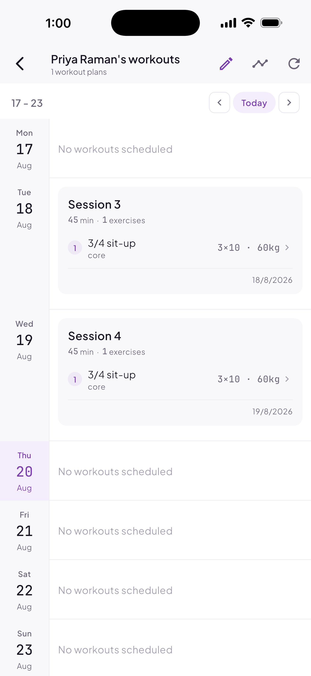TrackHQ trainer dashboard — a client's scheduled sessions for the week