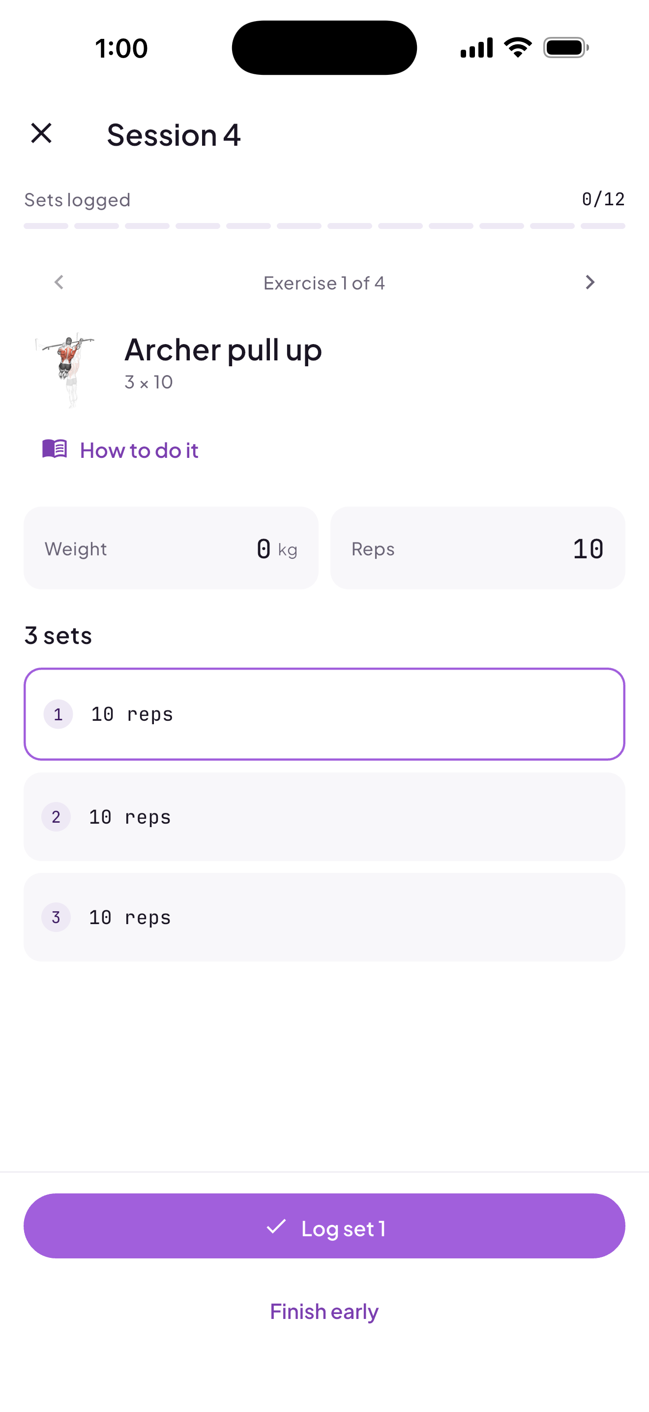 TrackHQ workout player — logging a set with prescribed reps pre-filled
